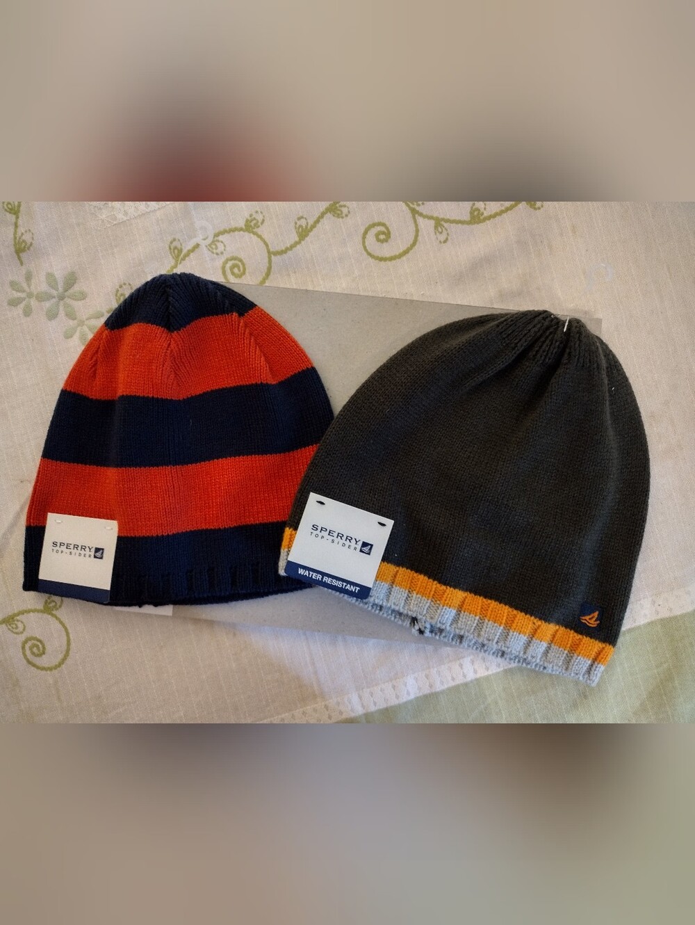 Sperry Striped Navy & Orange Beanie + Charcoal Beanie with Yellow Accent